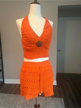 Crochet Halter Mini Shorts Coordinated Set in Vibrant Orange